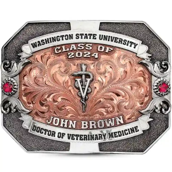 The Pullman Belt Buckle is the perfect graduation gift! Crafted on a matted, German Silver base with an antique finish, this buckle features a hand-engraved copper inner portion. Detailed with German Silver scrolls, banners, and lettering. Personalize it 